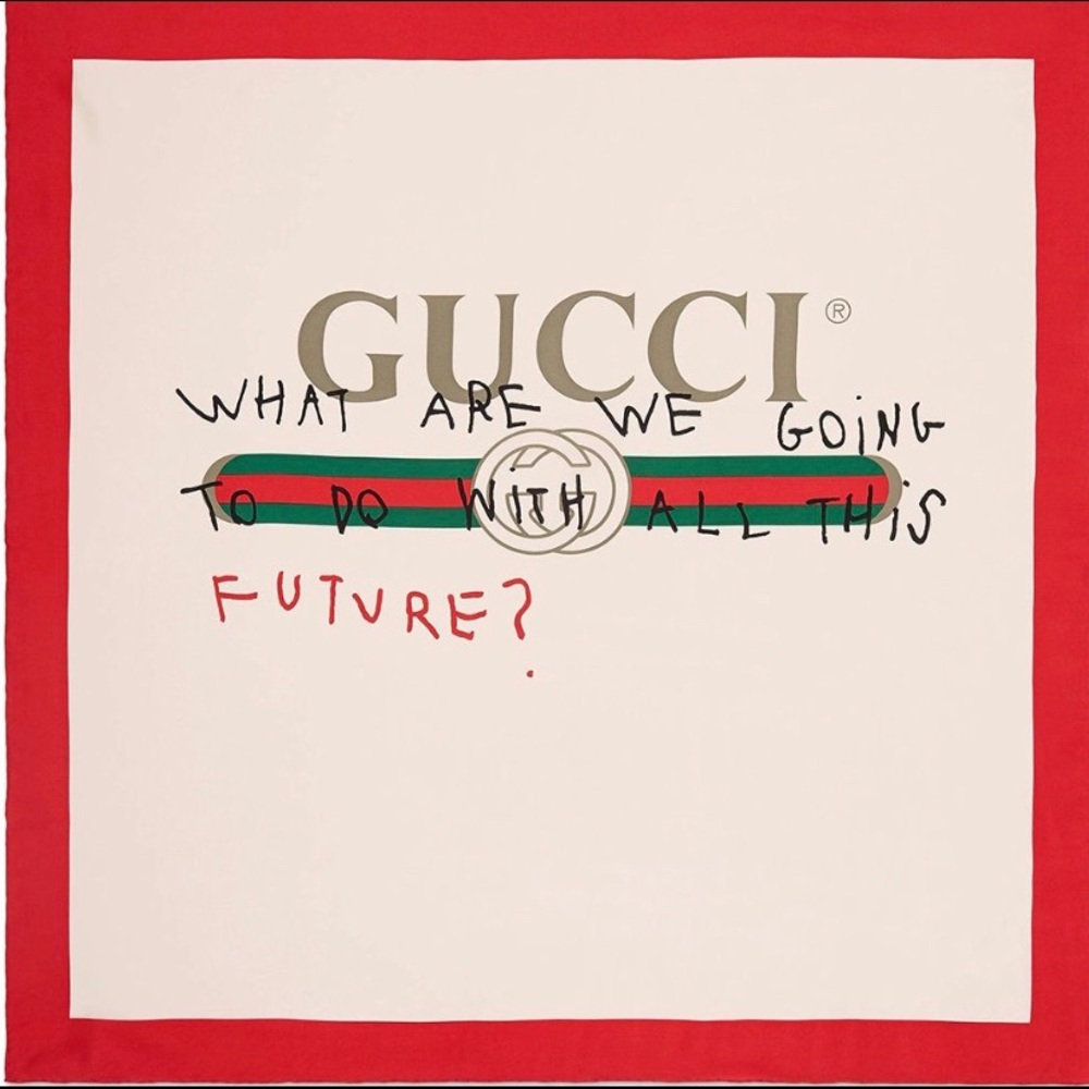 Gucci White & Red Silk 'future' Logo Scarf